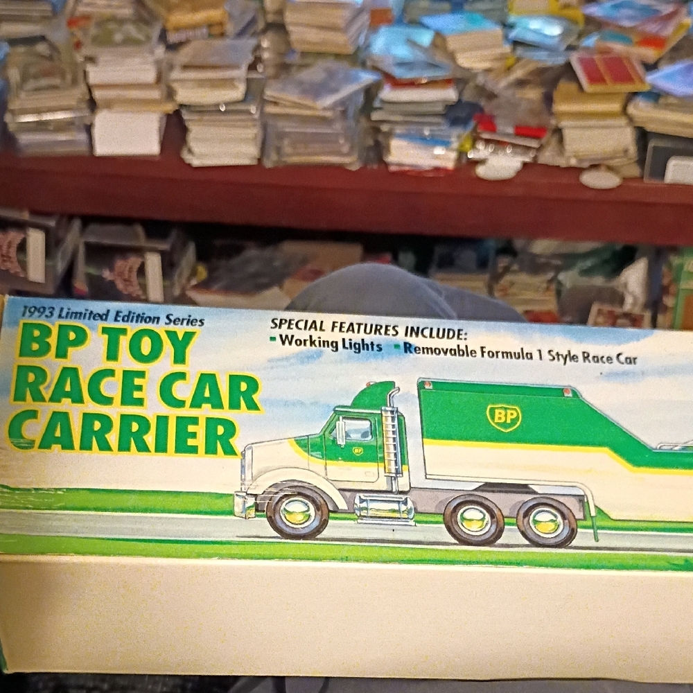 BP Green and White Toy Race Car Carrier Classic Design